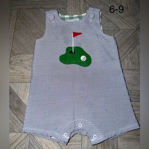 Mud Pie Striped Bodysuit with Green and Red Golf Details